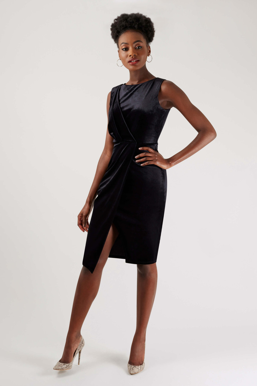 Women's Black Velvet Black Wrap Dress